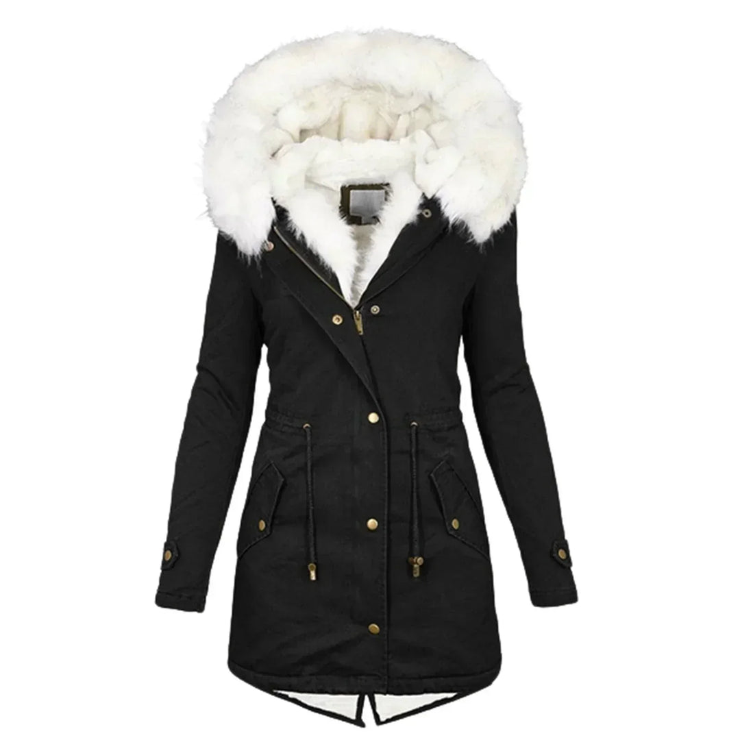Adrienne Hooded Winter Parka Coat Faux Fur Trim for Women in Noir