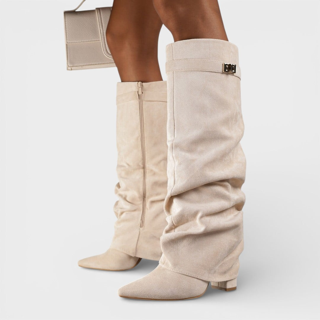 Ruched Pointed Toe Knee High Boots — knee high boots for women in dark brown