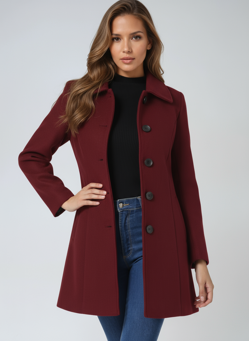 Clotilde Single Breasted Winter Trench Coat Belted for Women in Dark Red