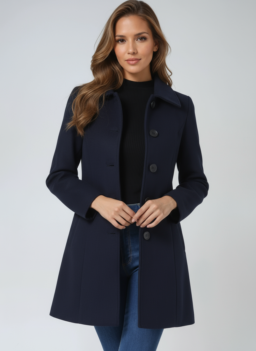 Clotilde Single Breasted Winter Trench Coat Belted for Women in Dark Blue