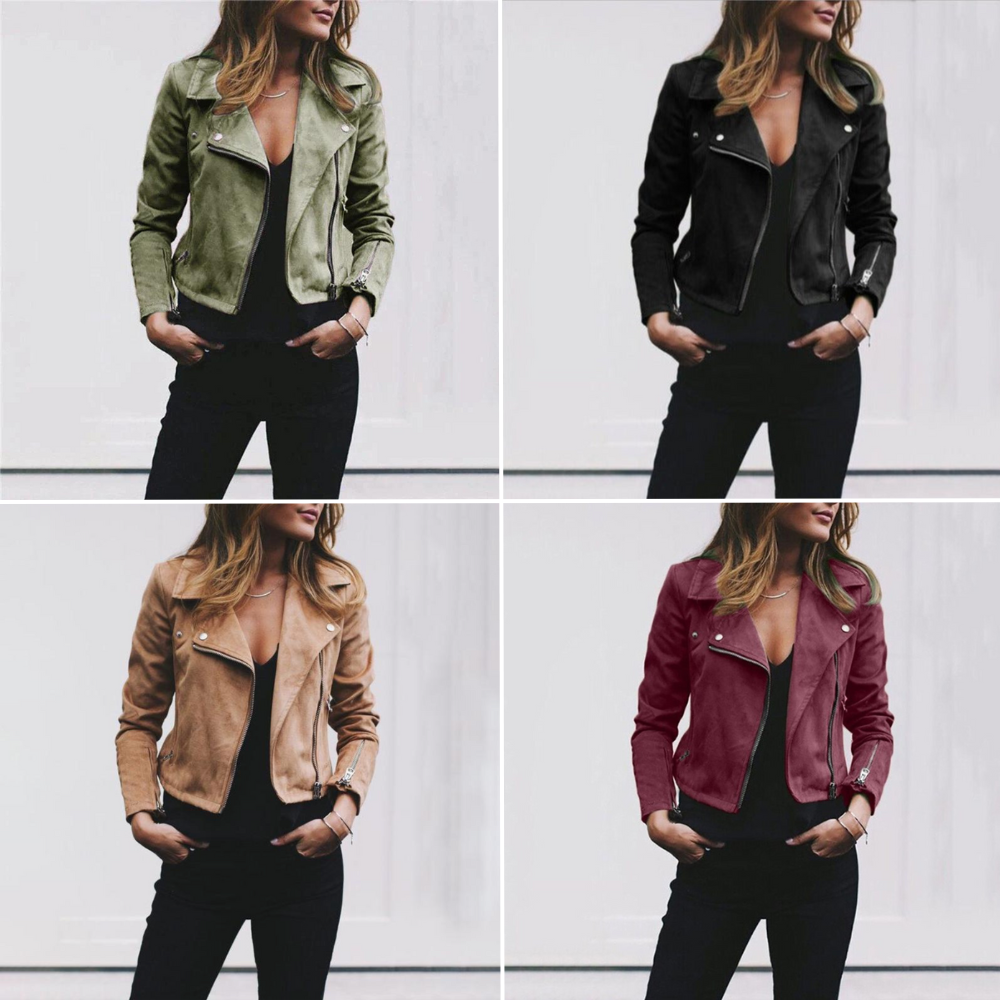 Woman wearing a faux suede biker jacket with an asymmetric zip