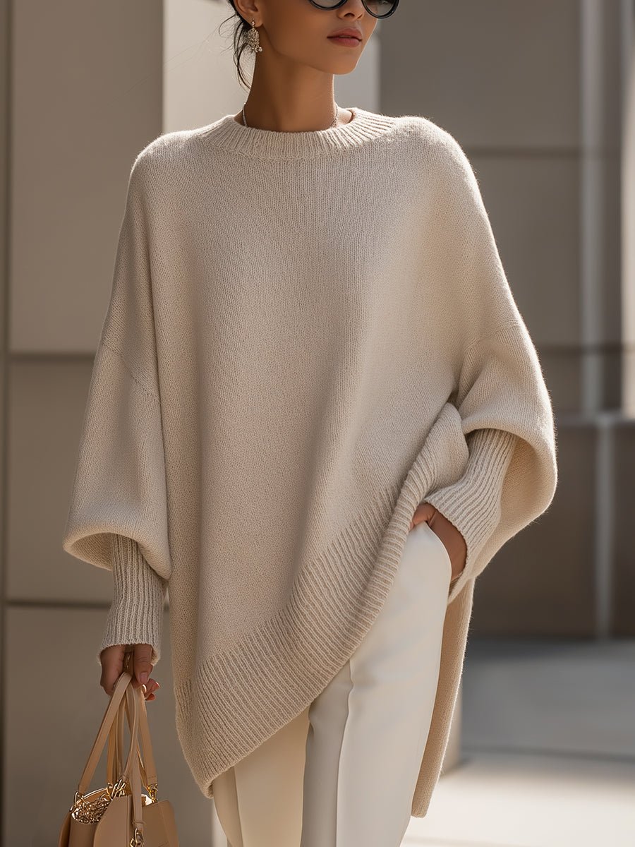 Bernadette Draped Oversized Knit Sweater Crew Neck for Women in Beige