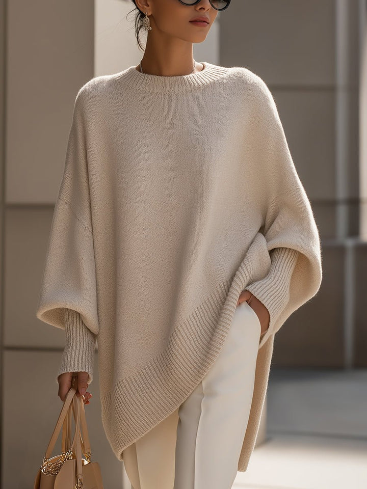 Bernadette Draped Oversized Knit Sweater Crew Neck for Women in Beige