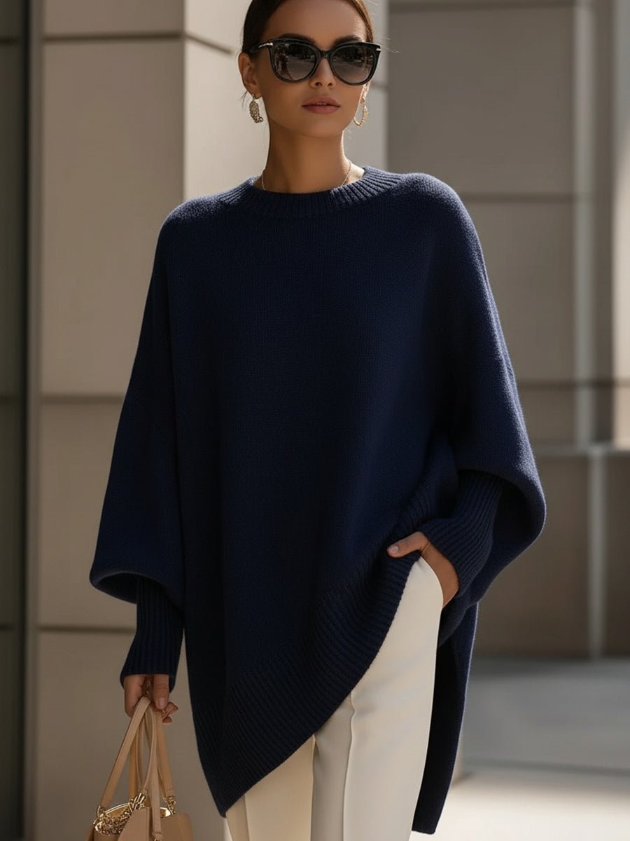 Bernadette Draped Oversized Knit Sweater Crew Neck for Women in Navy Blue