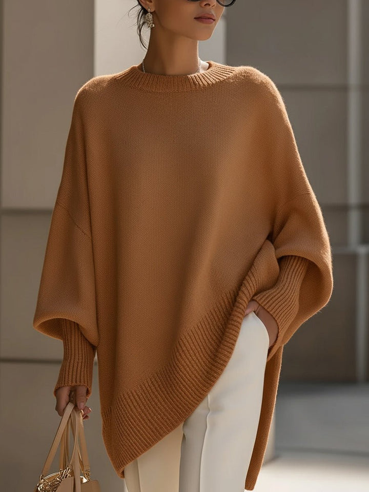 Bernadette Draped Oversized Knit Sweater Crew Neck for Women in Caramel