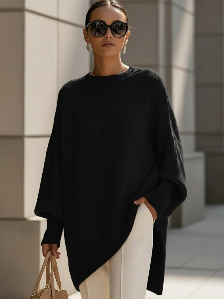 Bernadette Draped Oversized Knit Sweater Crew Neck for Women in Black