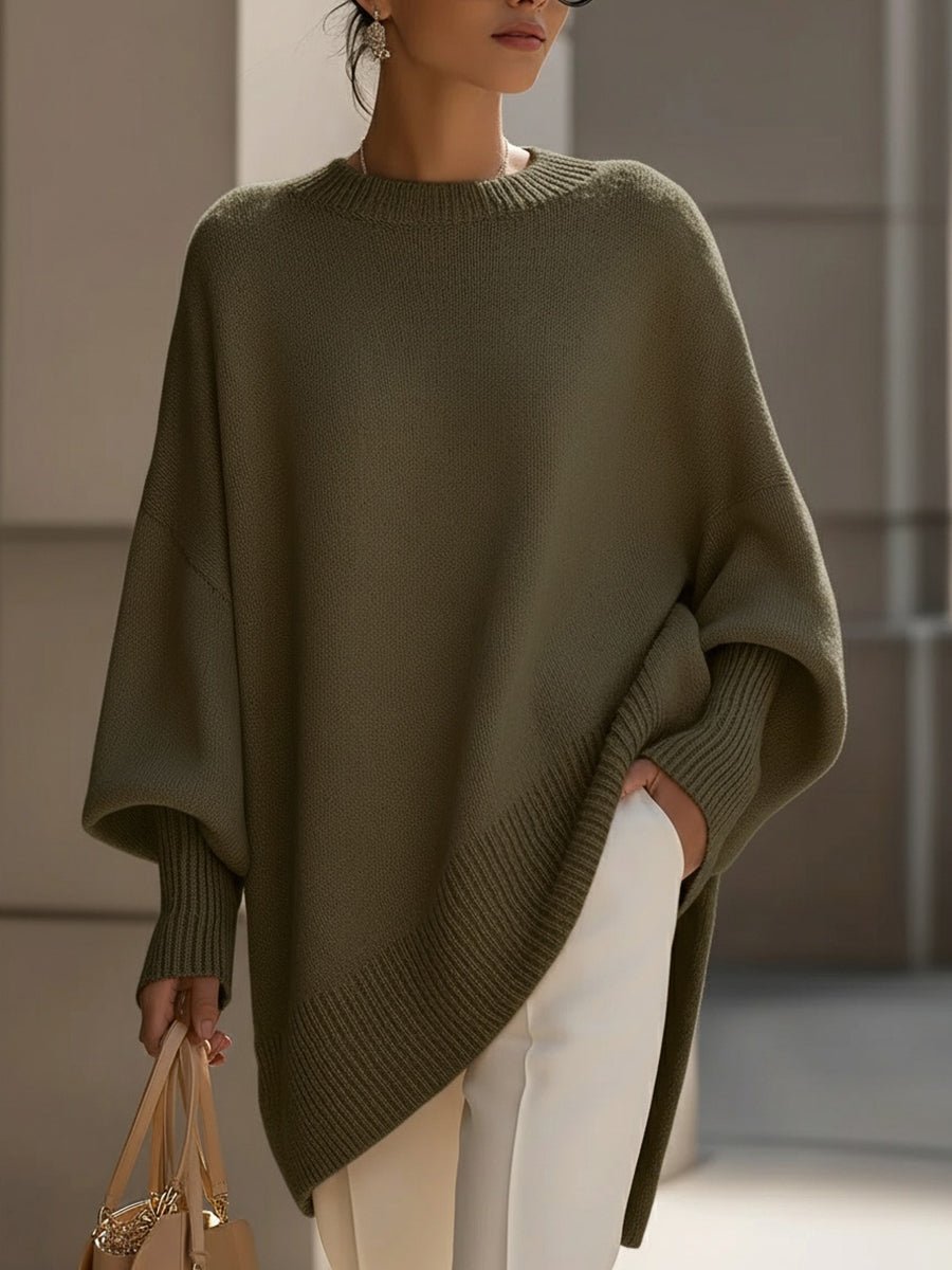 Bernadette Draped Oversized Knit Sweater Crew Neck for Women in Olive Green