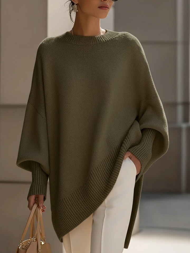 Bernadette Draped Oversized Knit Sweater Crew Neck for Women in Olive Green