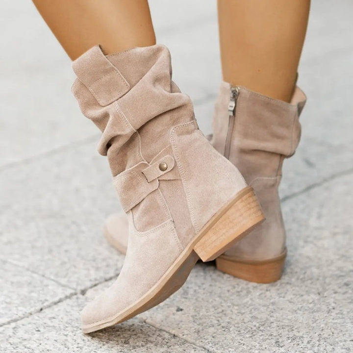 Slouch Suede Mid Calf Boots — knee high boots for women in black