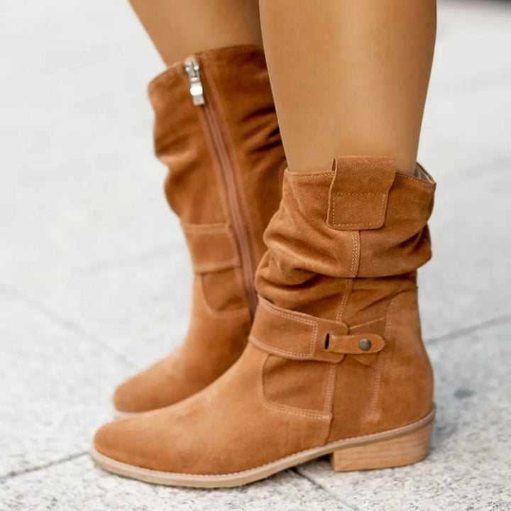 Slouch Suede Mid Calf Boots — knee high boots for women in gray