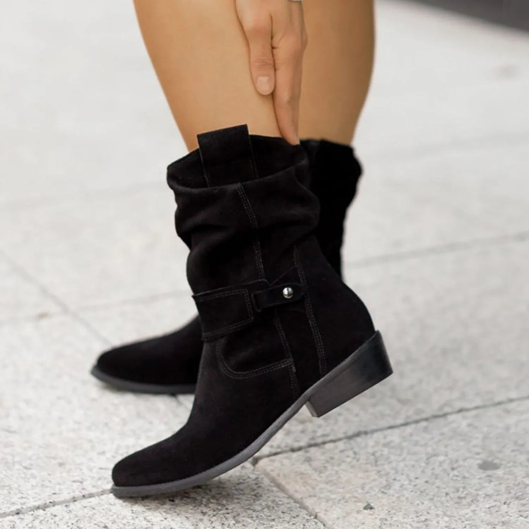 Slouch Suede Mid Calf Boots — knee high boots for women in brown