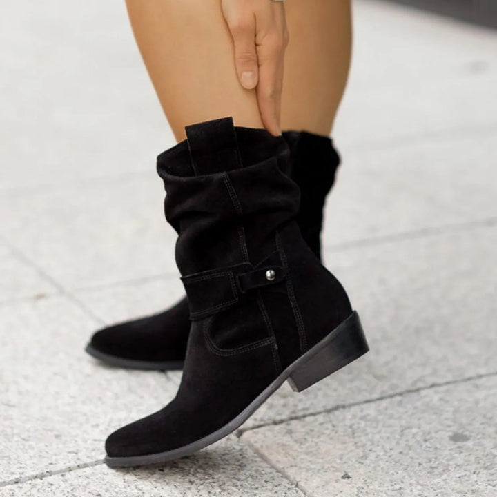 Slouch Suede Mid Calf Boots — knee high boots for women in brown