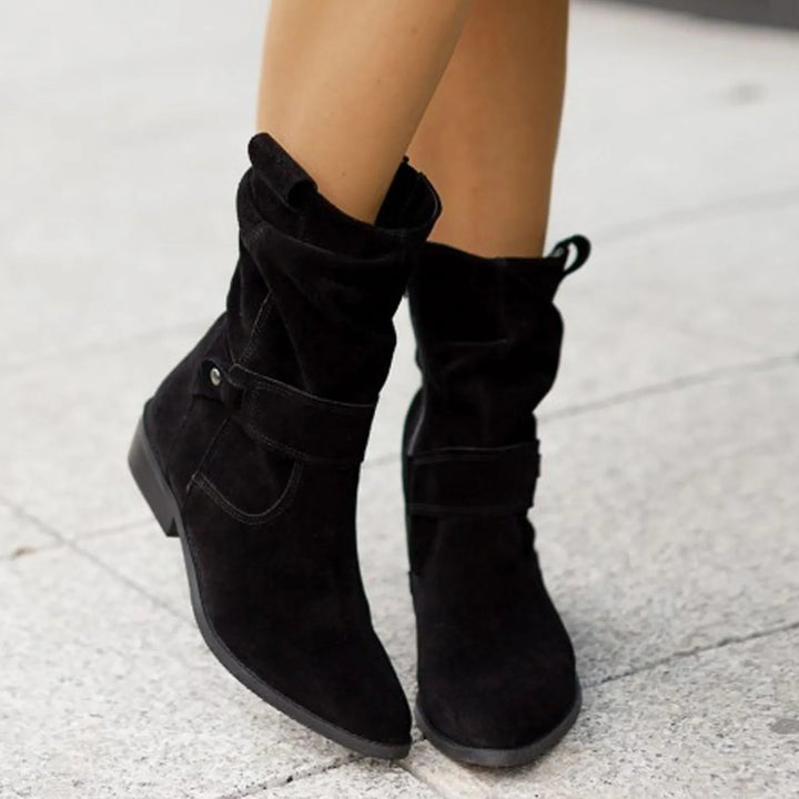 Slouch Suede Mid Calf Boots — knee high boots for women in beige