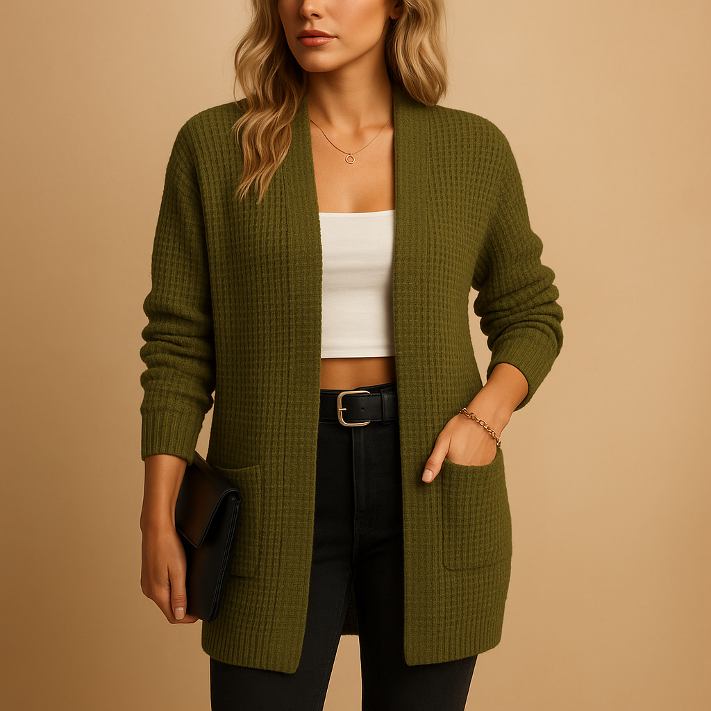 Blanche Waffle Knit Long Cardigan Open Front for Women in Army Green