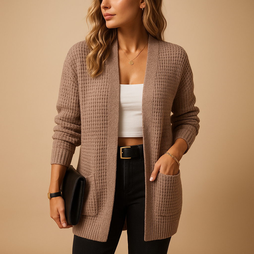 Blanche Waffle Knit Long Cardigan Open Front for Women in Pink
