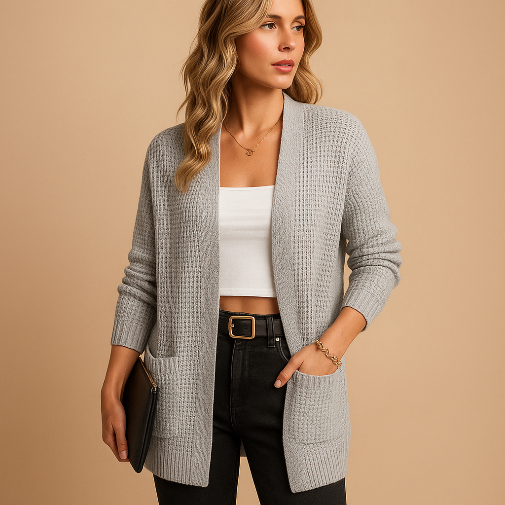Blanche Waffle Knit Long Cardigan Open Front for Women in Gray
