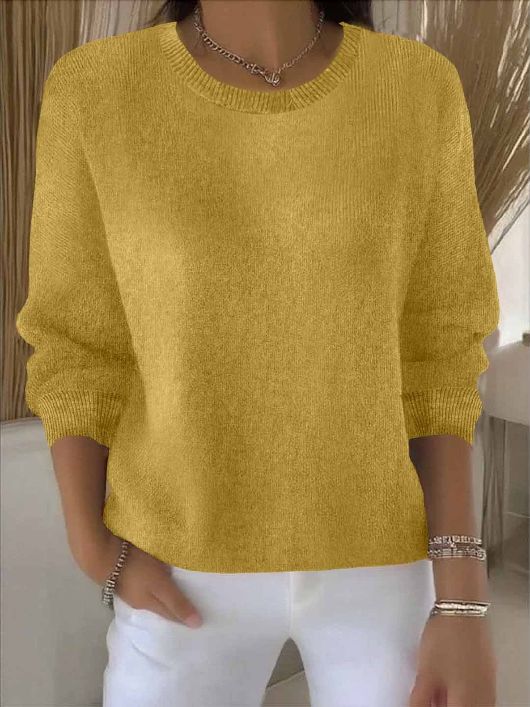 Delia Relaxed Crew Neck Knit Sweater Cotton for Women in Yellow
