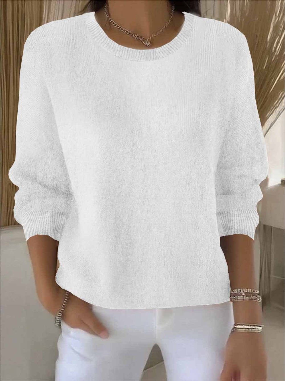 Delia Relaxed Crew Neck Knit Sweater Cotton for Women in White