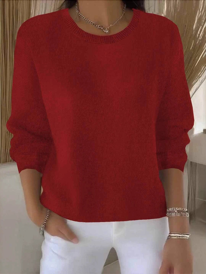 Delia Relaxed Crew Neck Knit Sweater Cotton for Women in Red