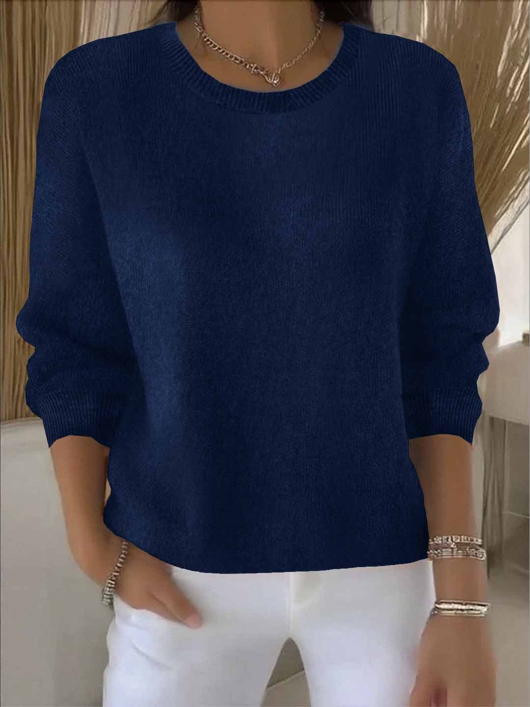 Delia Relaxed Crew Neck Knit Sweater Cotton for Women in Dark Blue