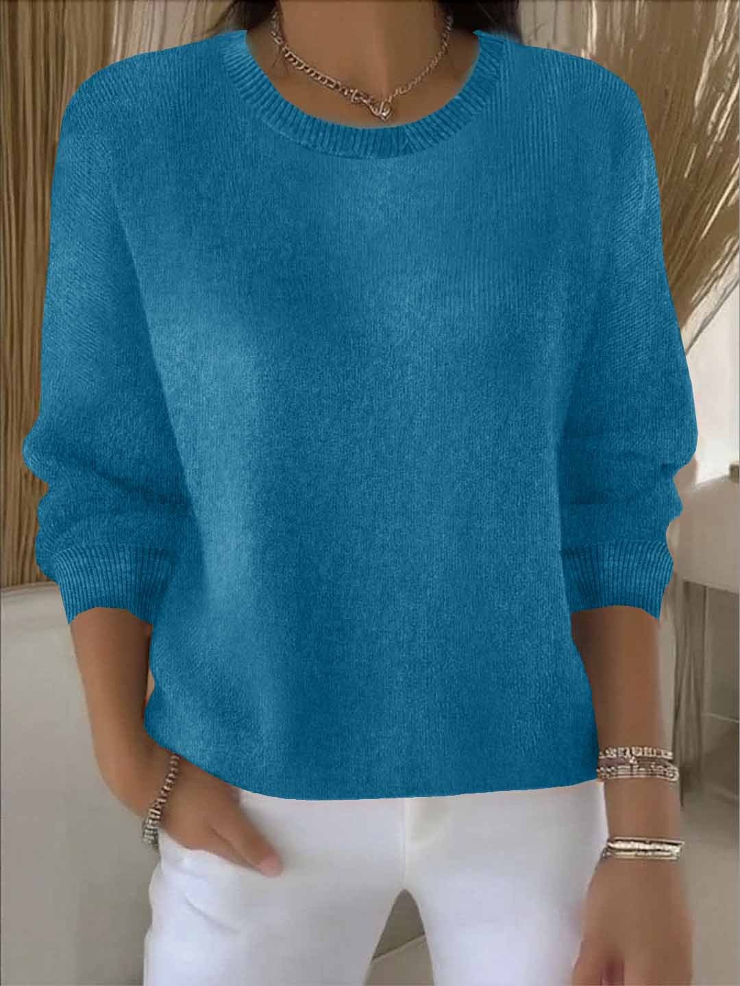 Delia Relaxed Crew Neck Knit Sweater Cotton for Women in Blue