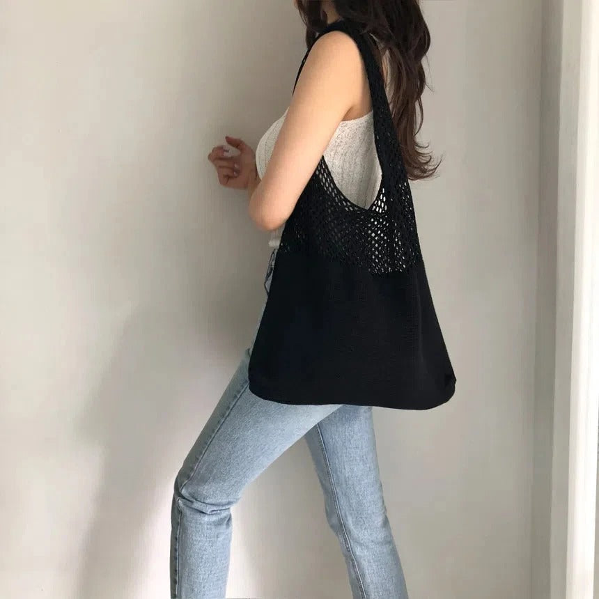 Bethanie | Mesh Knit Shoulder Tote Bag for Women - detail view