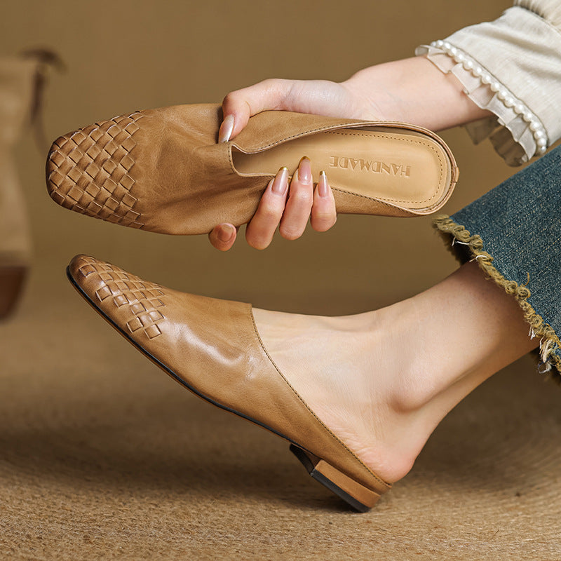 Woven Flat Leather Mules — women's mules in khaki