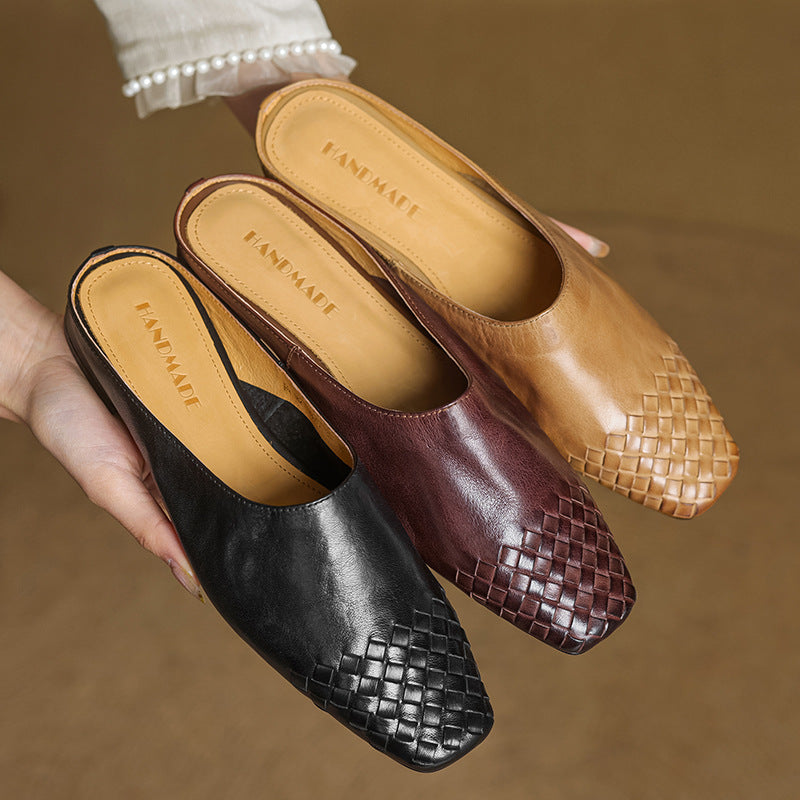 Woven Flat Leather Mules — women's mules in khaki