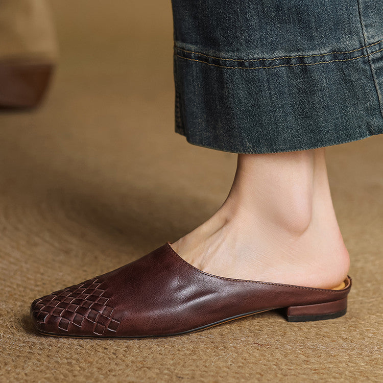 Woven Flat Leather Mules — women's mules in brown