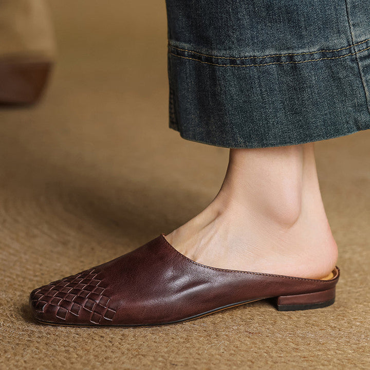 Woven Flat Leather Mules — women's mules in brown