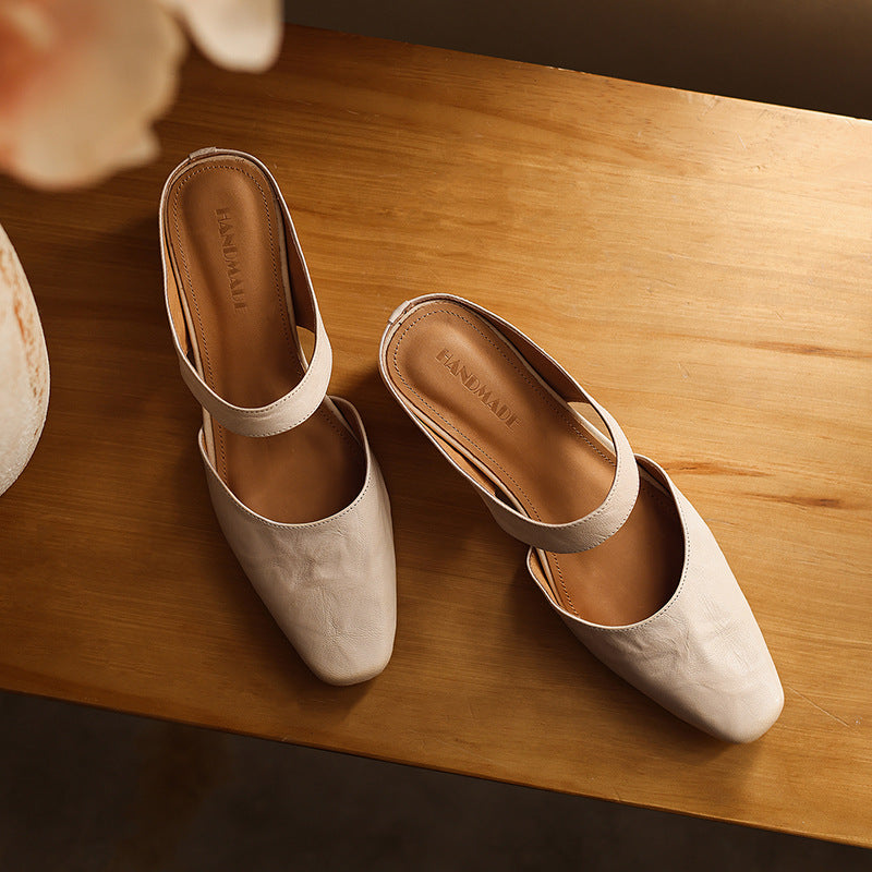 Square Toe Leather Mules — women's mules in soft oat