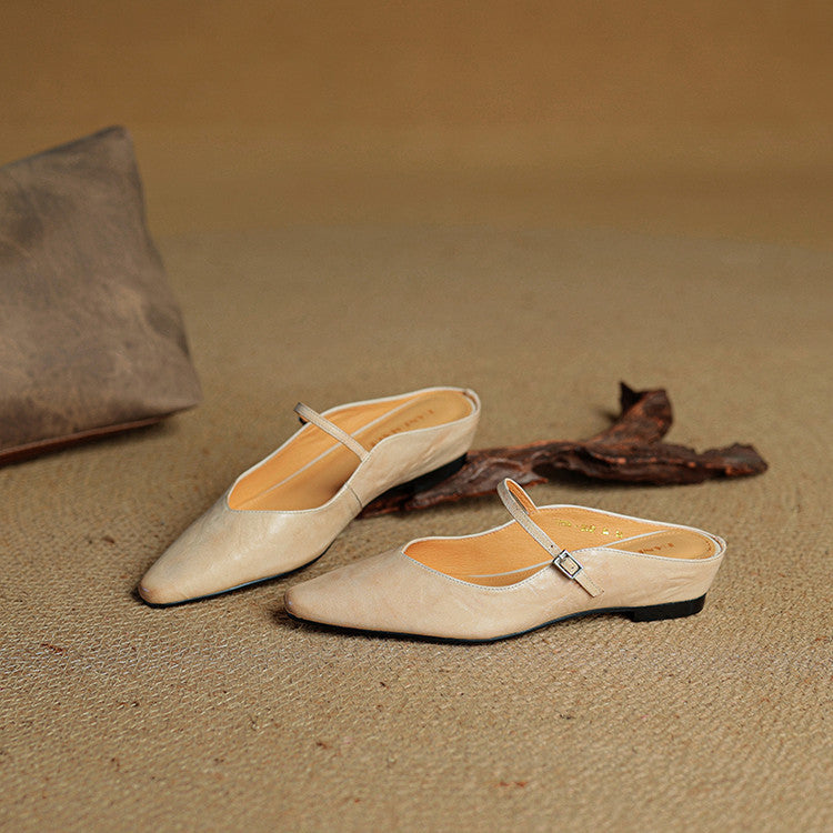 Pointed Leather Mules — women's mules in beige