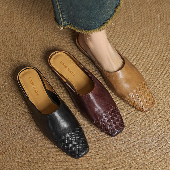 Woven Flat Leather Mules — women's mules in khaki