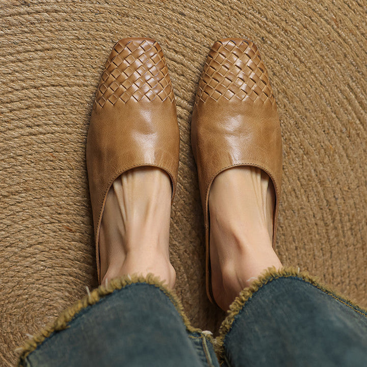Woven Flat Leather Mules — women's mules in khaki