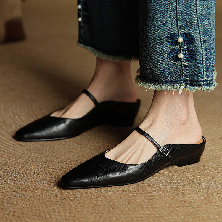 Pointed Leather Mules — women's mules in beige