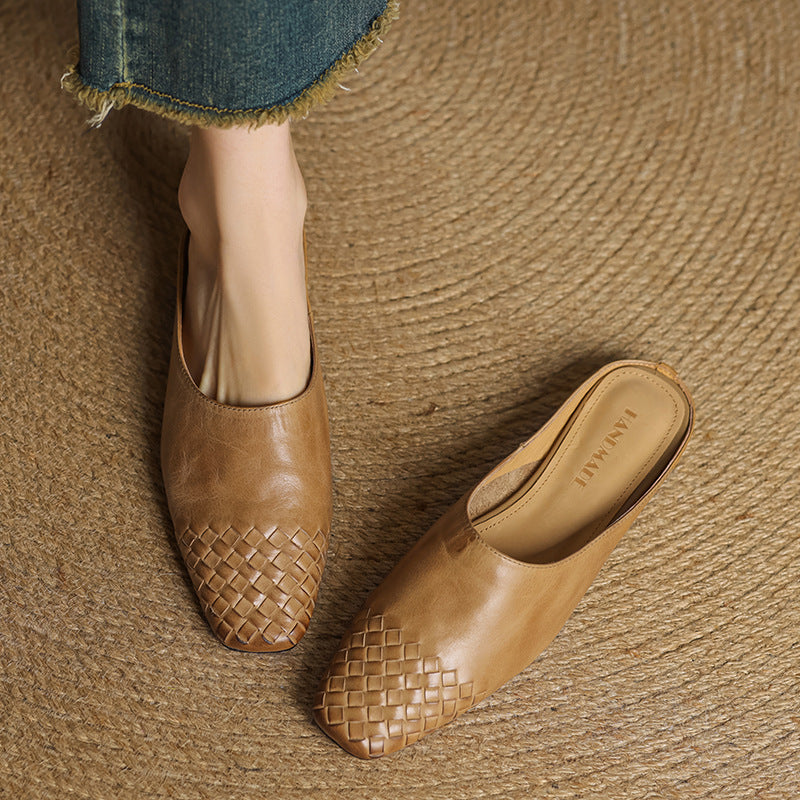 Woven Flat Leather Mules — women's mules in khaki