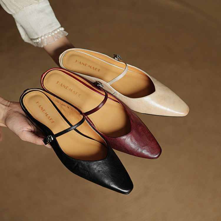Pointed Leather Mules — women's mules in beige
