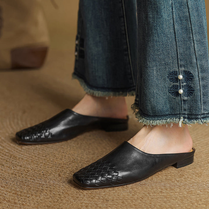 Woven Flat Leather Mules — women's mules in black