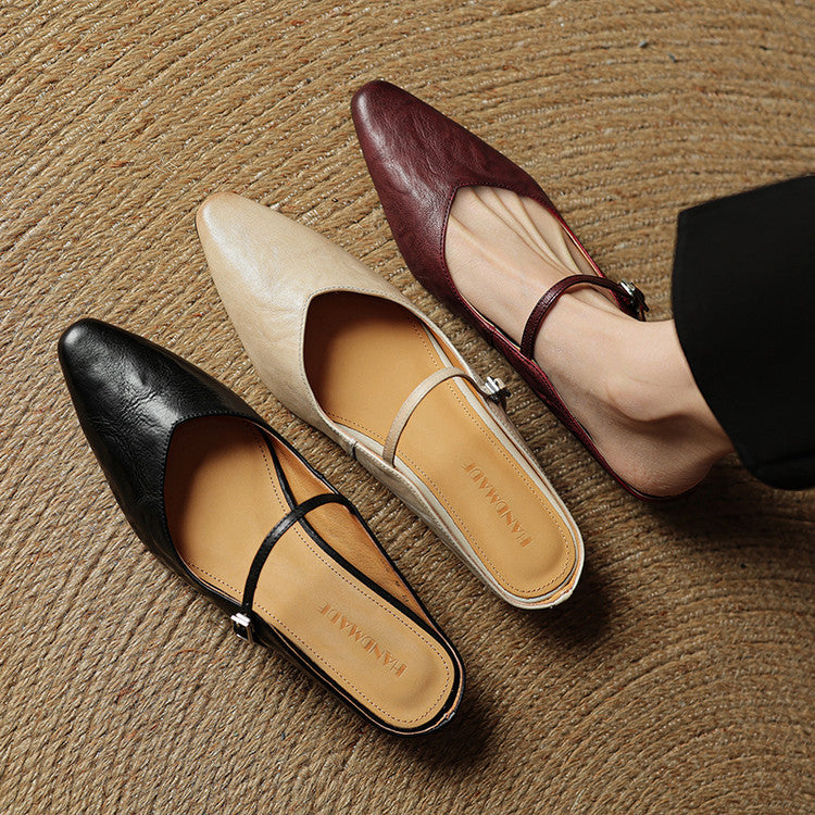 Pointed Leather Mules — women's mules in beige