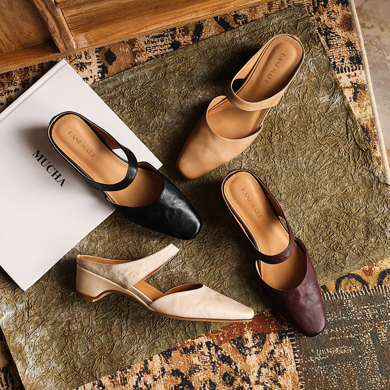 Square Toe Leather Mules — women's mules in soft oat