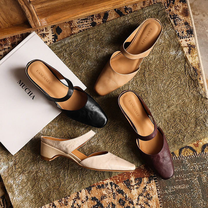 Square Toe Leather Mules — women's mules in soft oat
