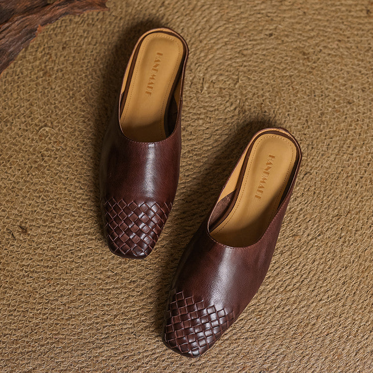 Woven Flat Leather Mules — women's mules in khaki