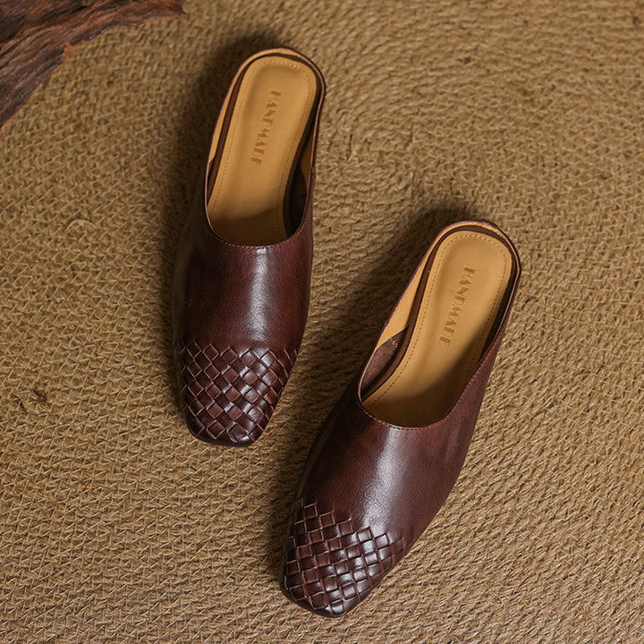 Woven Flat Leather Mules — women's mules in khaki