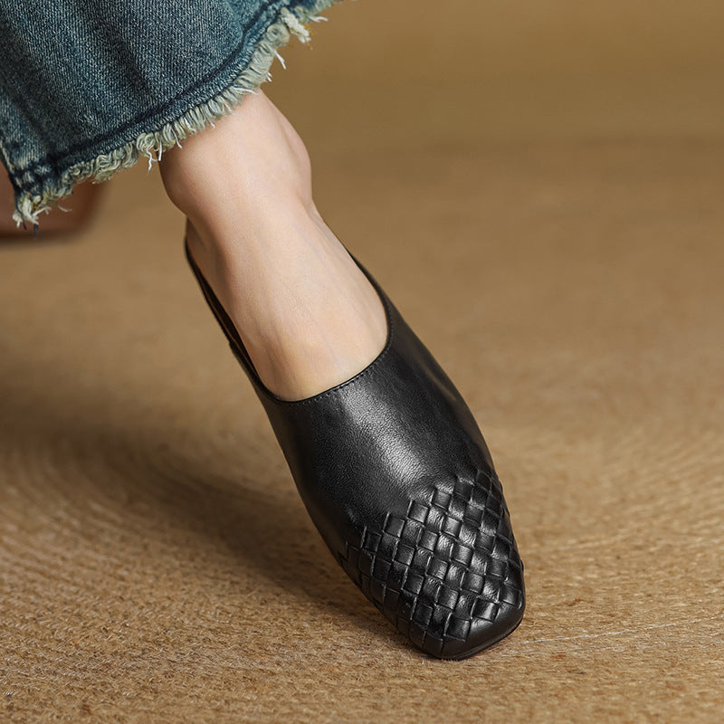 Woven Flat Leather Mules — women's mules in khaki