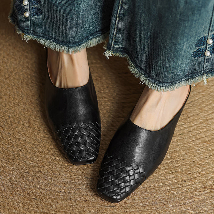 Woven Flat Leather Mules — women's mules in khaki
