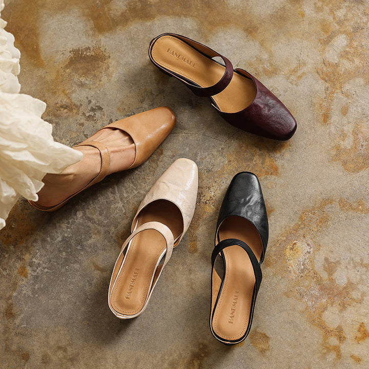 Square Toe Leather Mules — women's mules in soft oat