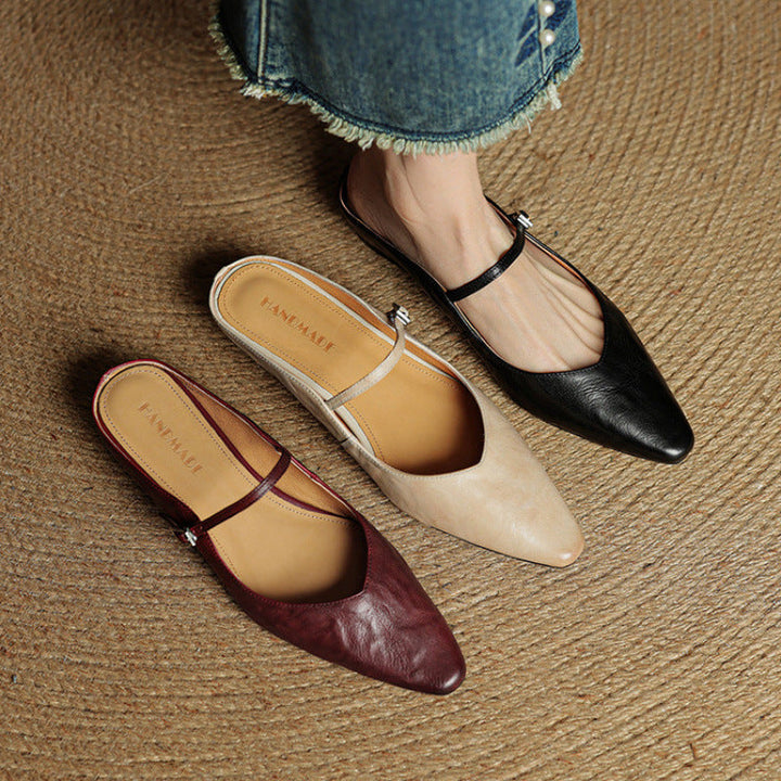 Pointed Leather Mules — women's mules in beige
