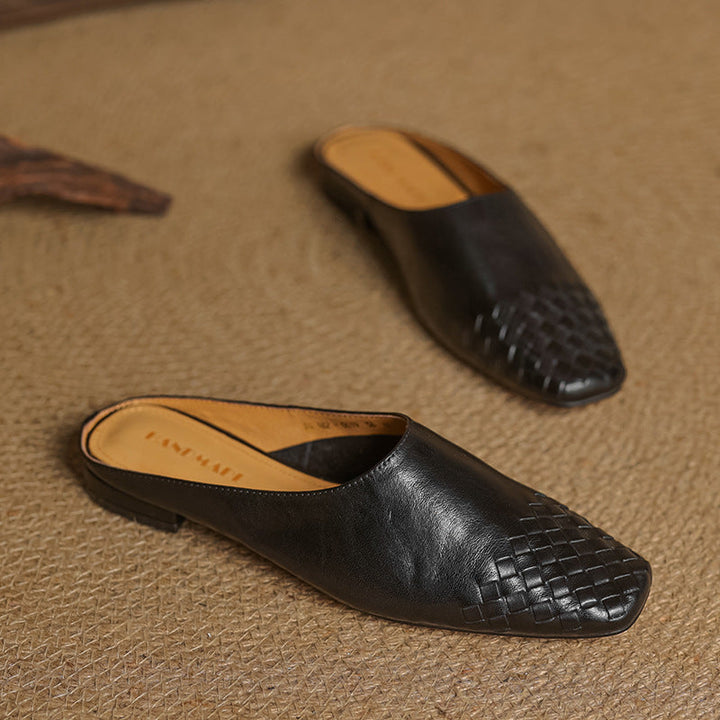 Woven Flat Leather Mules — women's mules in khaki