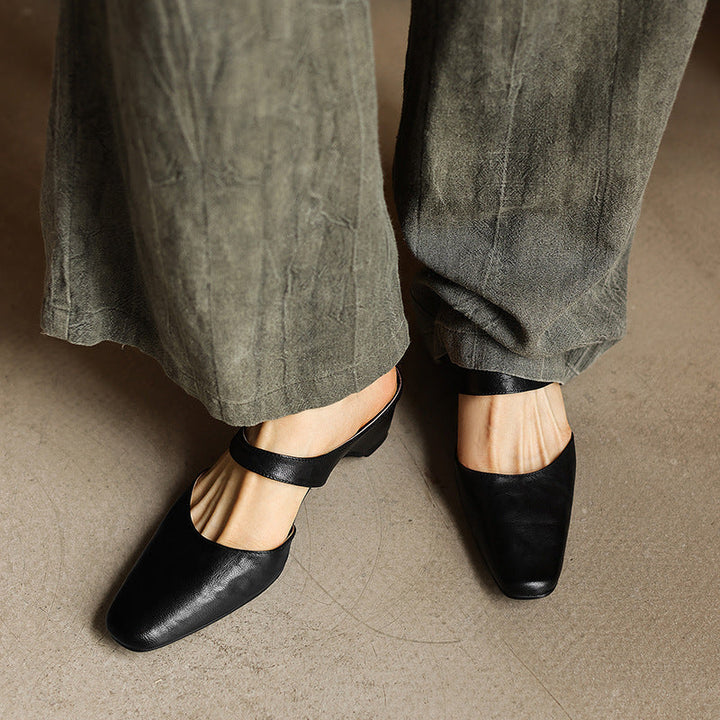 Square Toe Leather Mules — women's mules in soft oat