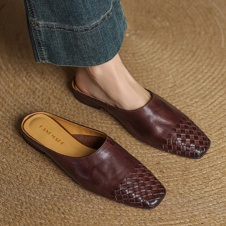 Woven Flat Leather Mules — women's mules in khaki